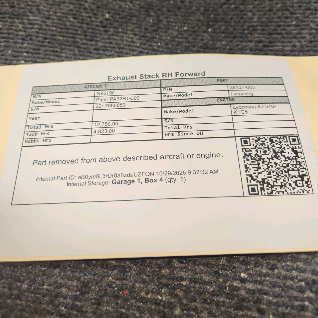 Used aircraft parts for sale, 38137-005 Lycoming IO-540-K1G5 Piper PA32RT-300 Exhaust Stack - RH Forward