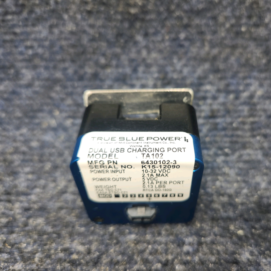 Used aircraft parts for sale, 6430102-3 Mid-Continent TA102 PIPER PA-24-250 Dual USB Charging Port w Mod (10-32V, 2.1A)