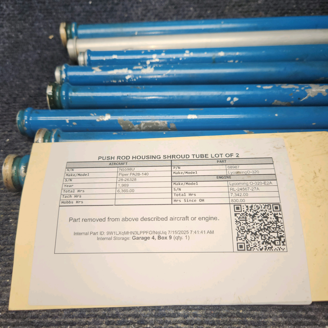 Used aircraft parts for sale, 68987 Lycoming O-320 Piper PA28-140 Push Rod Housing Shroud Tube – Lot of 2
