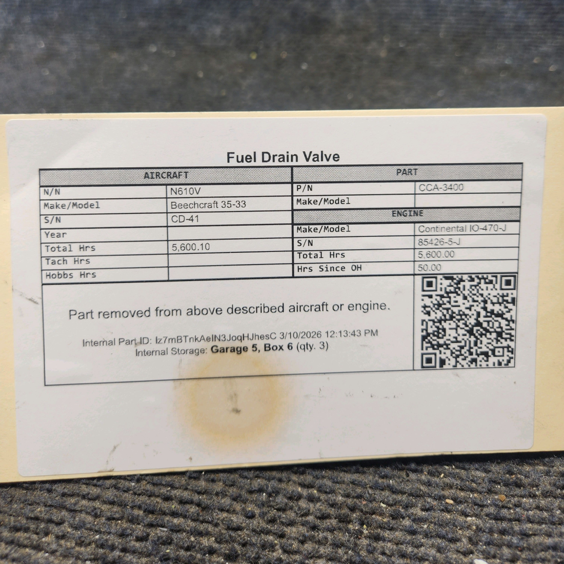 Used aircraft parts for sale, CCA-3400 Beechcraft 35-33 Fuel Drain Valve