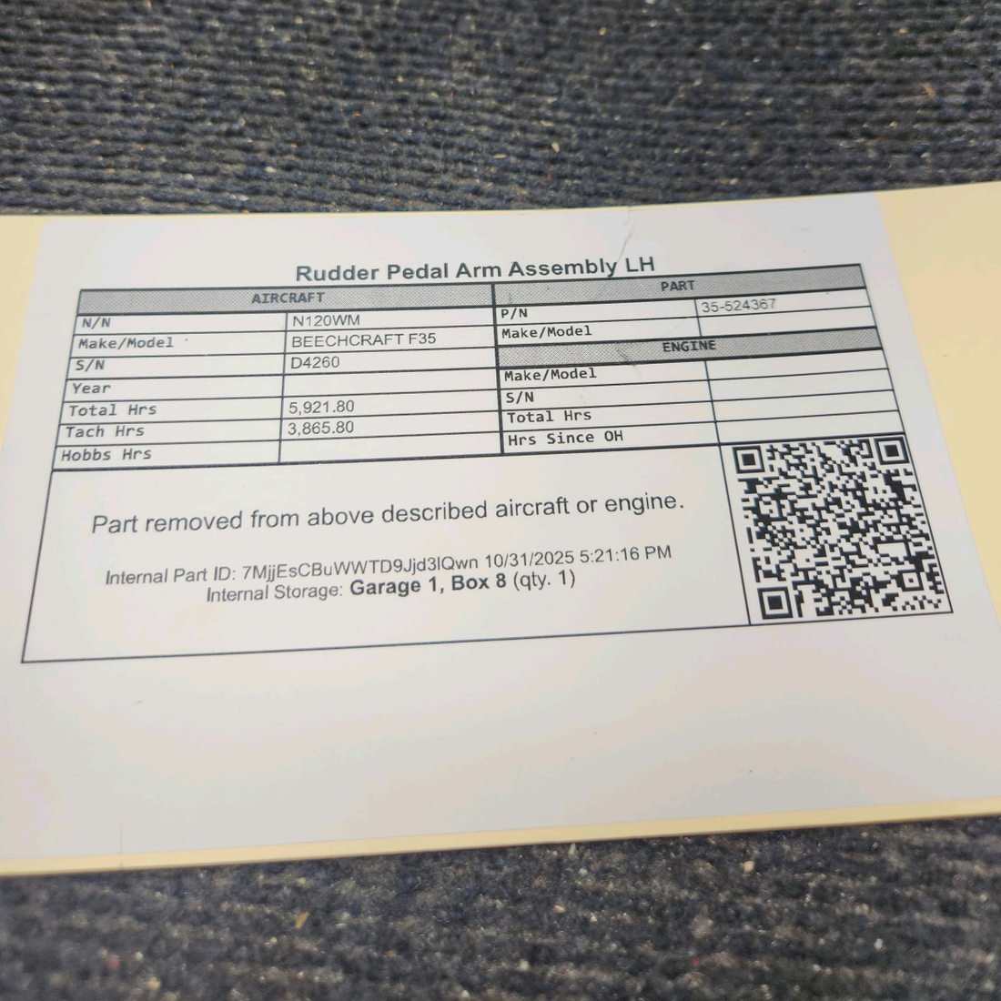 Used aircraft parts for sale, 35-524367 BEECHCRAFT F35 Rudder Pedal Arm Assembly - LH