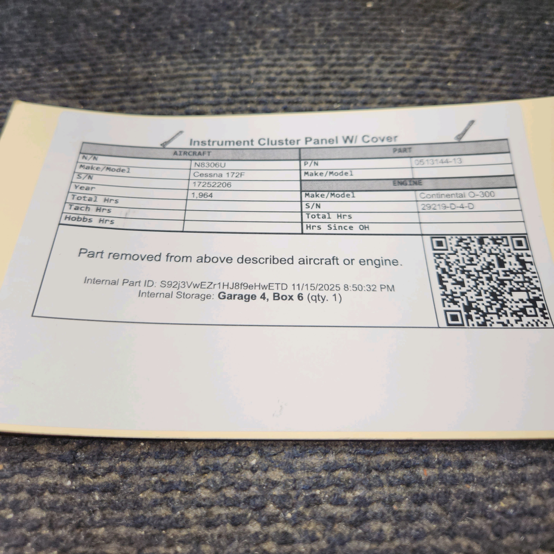 Used aircraft parts for sale, 0513144-13 Cessna 172F Instrument Cluster Panel W/ Cover