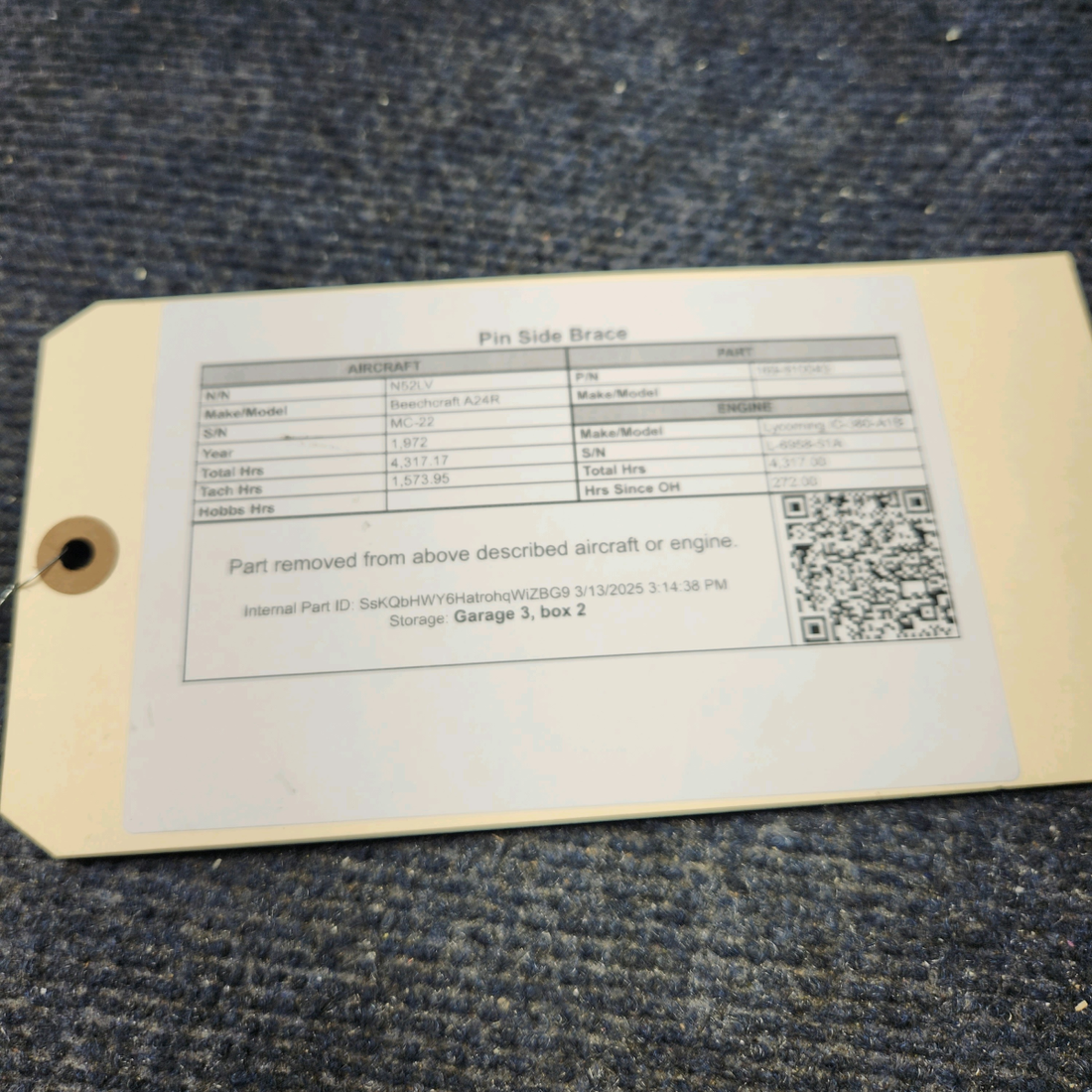 Used aircraft parts for sale, 169-810043 Beechcraft A24R Pin Side Brace