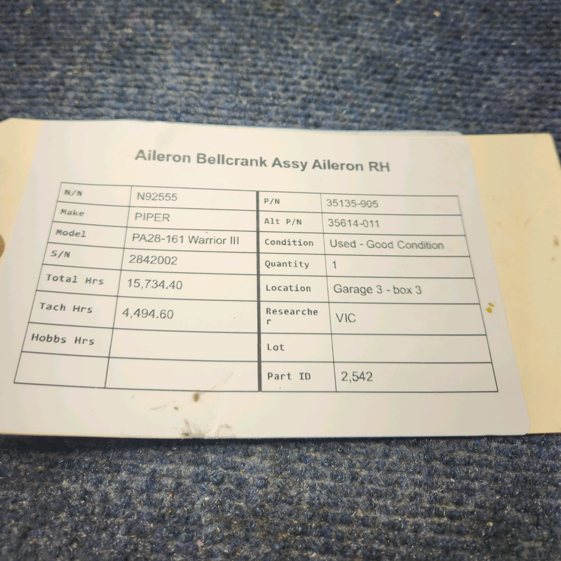 Used aircraft parts for sale, 35135-905 PIPER PA28-161 Warrior III AILERON BELLCRANK ASSY AILERON RH