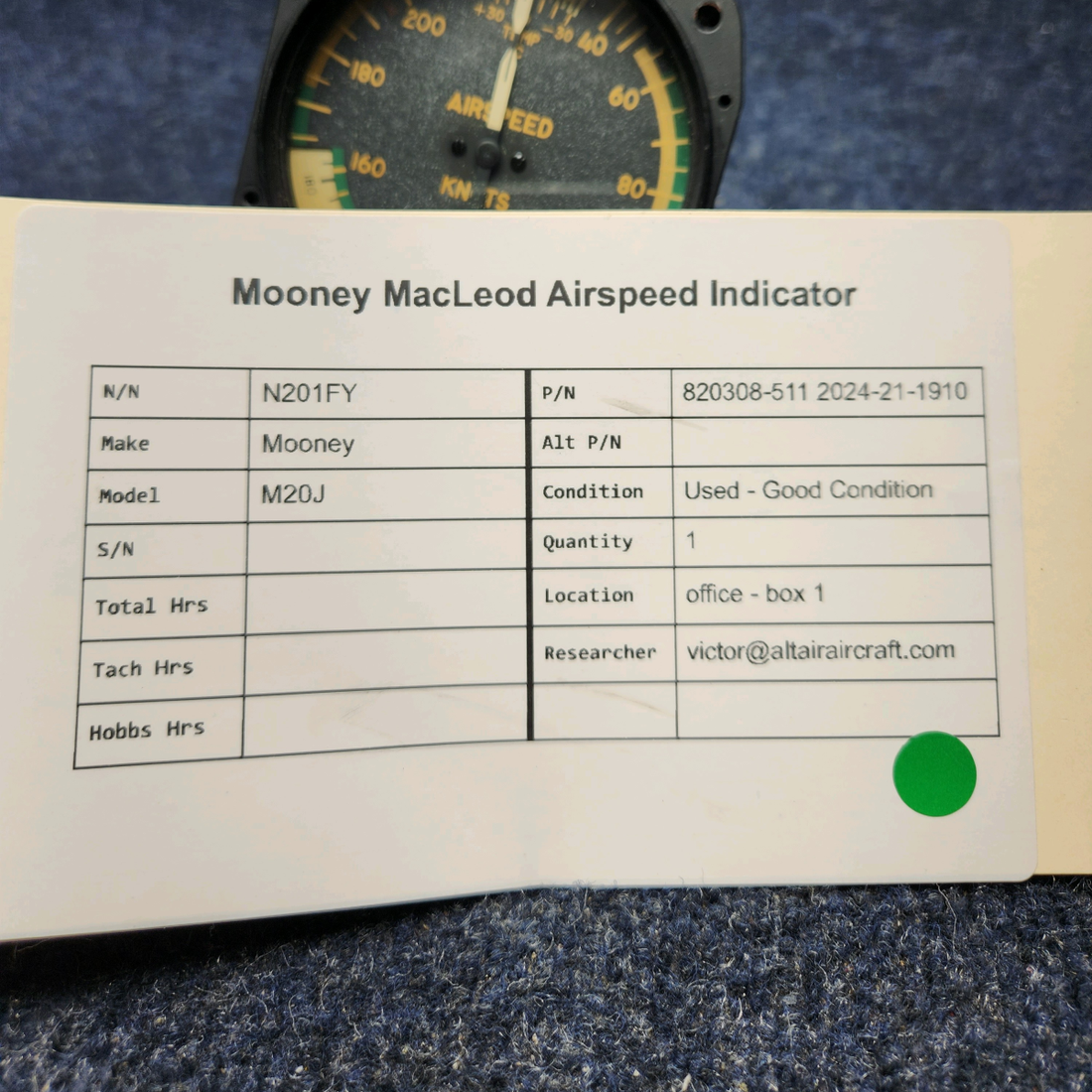 Used aircraft parts for sale, 820308-511 2024-21-1910 Mooney M20J MOONEY MACLEOD AIRSPEED INDICATOR