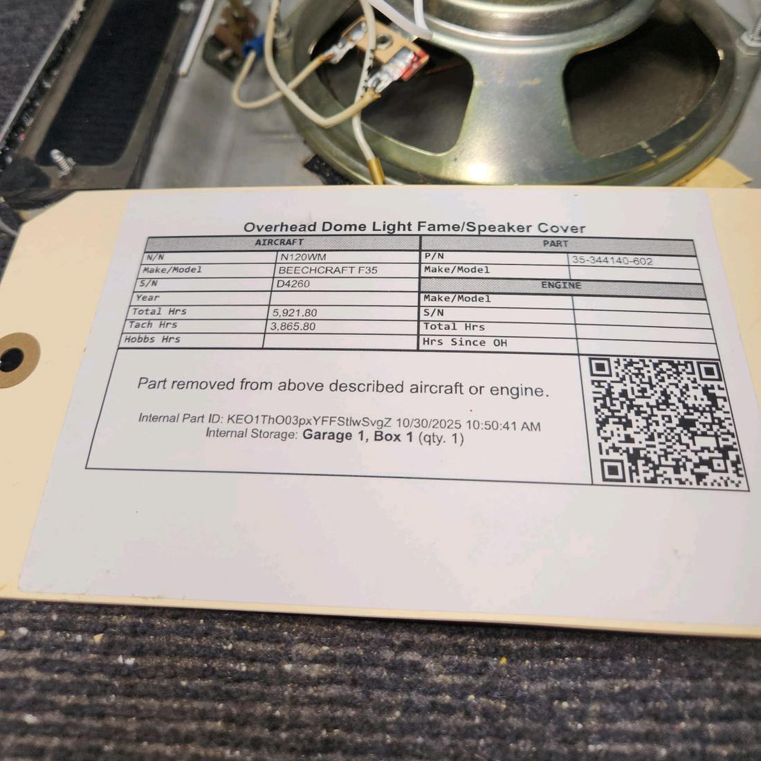 Used aircraft parts for sale, 35-344140-602 BEECHCRAFT F35 Overhead Dome Light Frame/Speaker Cover