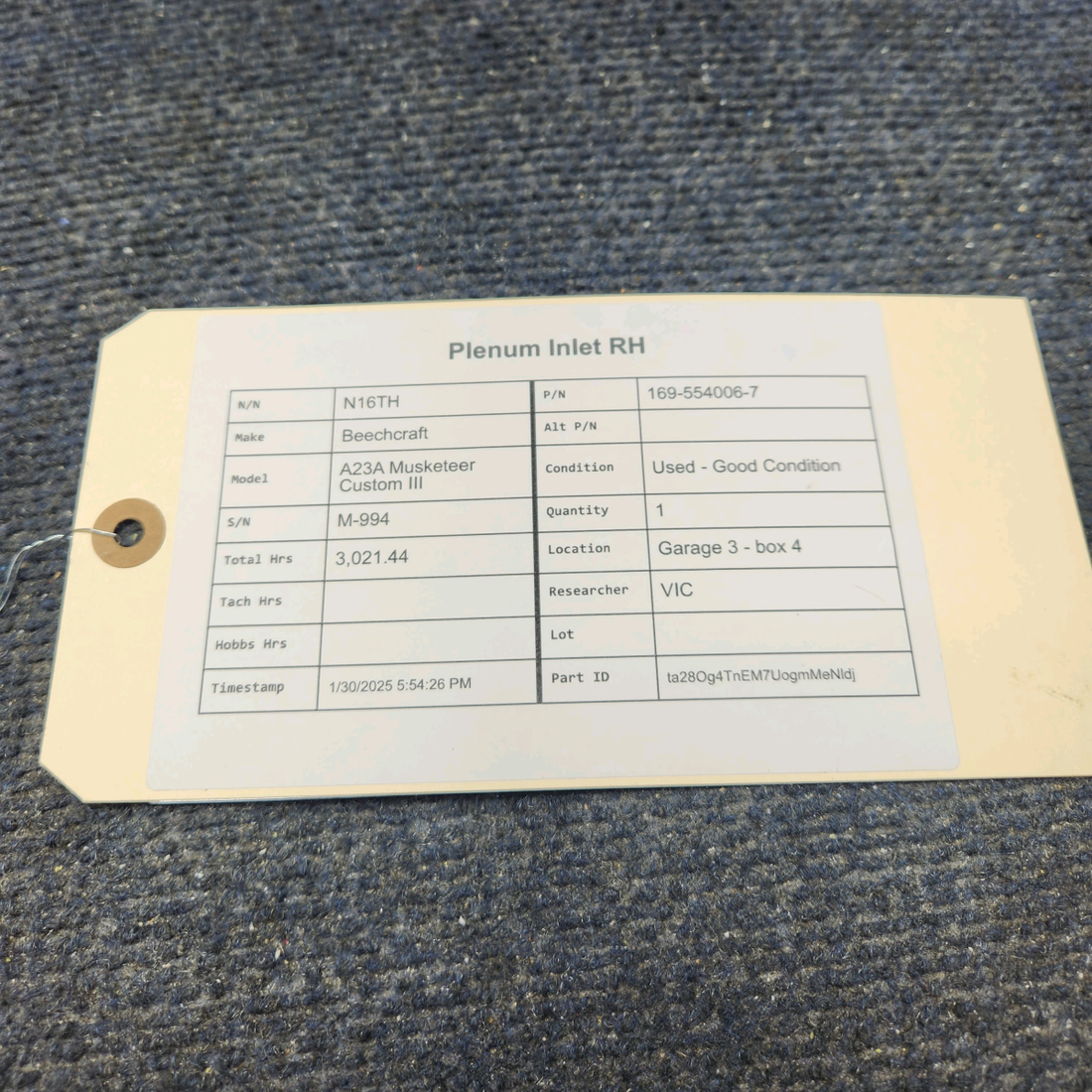 Used aircraft parts for sale, 169-554006-7 Beechcraft A23A Musketeer Custom III PLENUM INLET RH