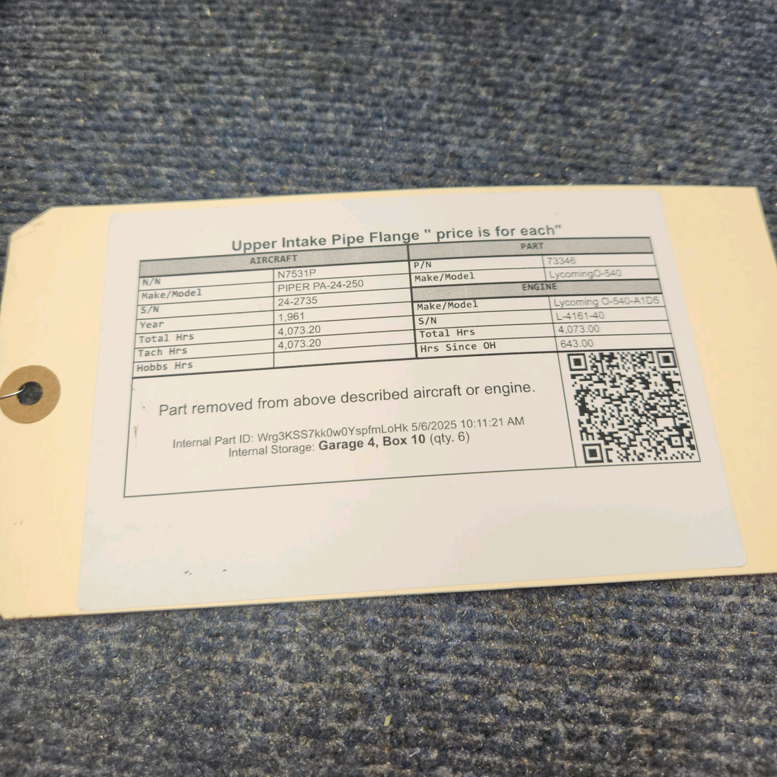 Used aircraft parts for sale, 73346 Lycoming O-540 PIPER PA-24-250 Upper Intake Pipe Flange " price is for each"