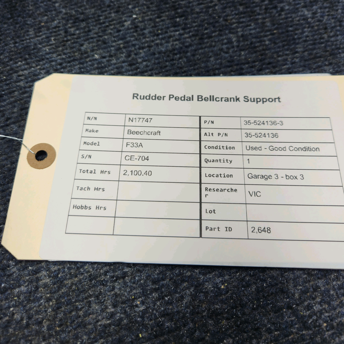 Used aircraft parts for sale, 35-524136-3 Beechcraft F33A RUDDER PEDAL BELLCRANK SUPPORT