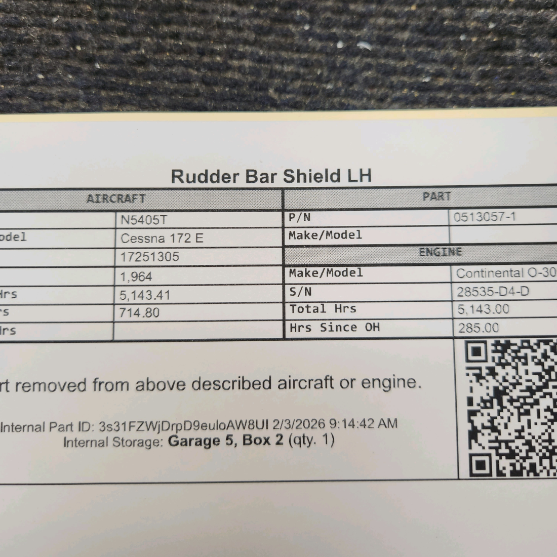 Used aircraft parts for sale, 0513057-1 Cessna 172E Rudder Bar Shield LH