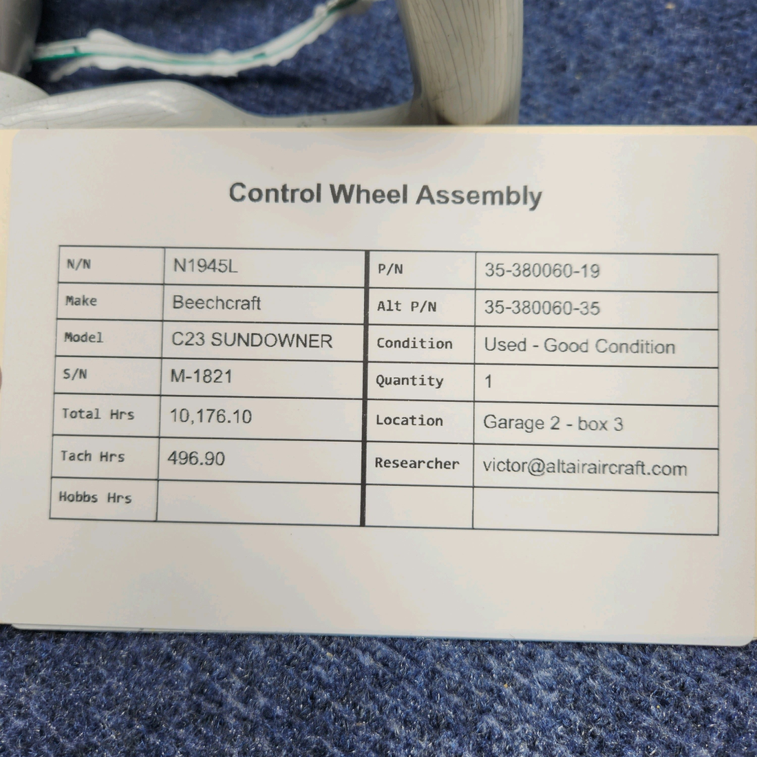 Used aircraft parts for sale, 35-380060-19 Beechcraft C23 SUNDOWNER CONTROL WHEEL ASSEMBLY