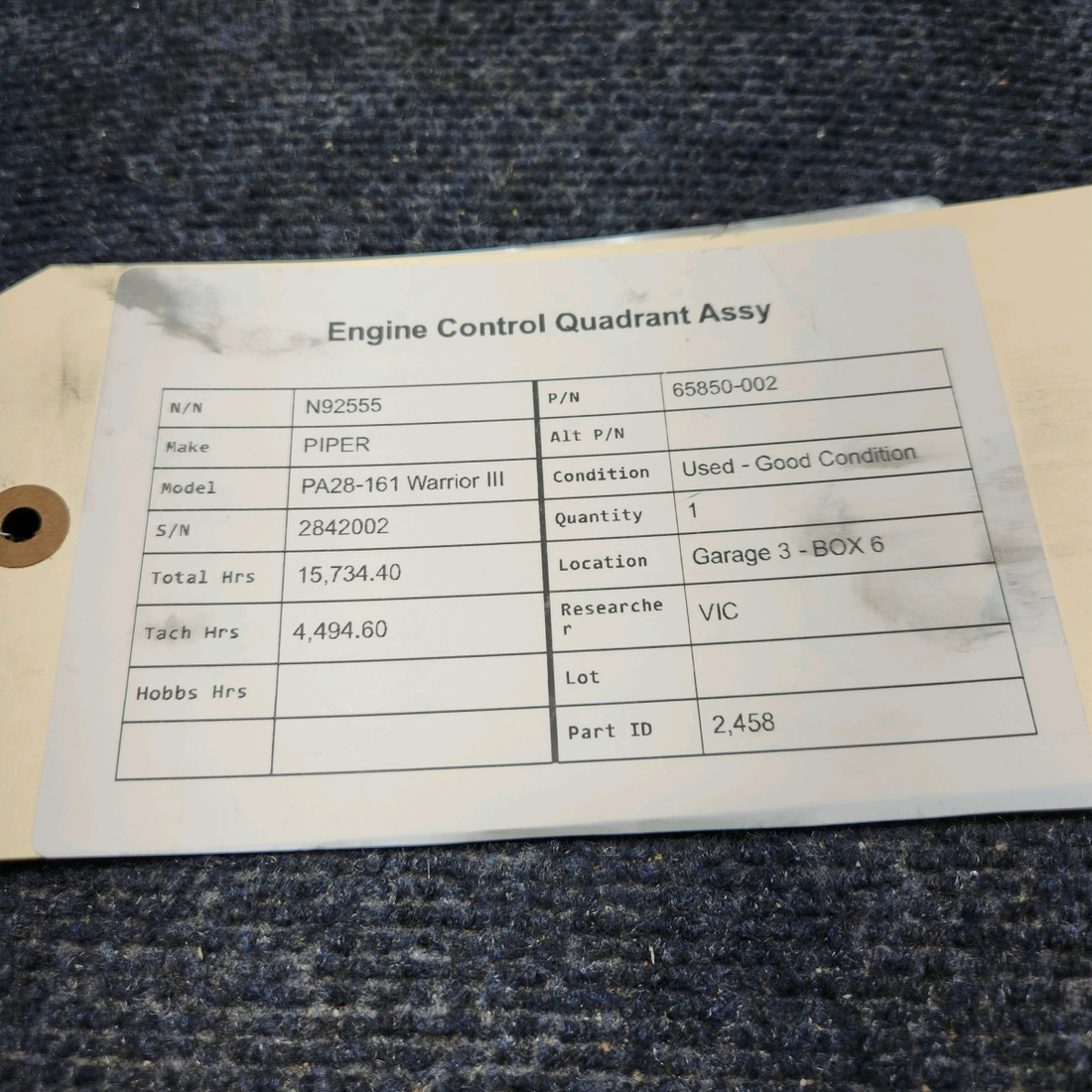Used aircraft parts for sale, 65850-002 PIPER PA28-161 Warrior III ENGINE CONTROL QUADRANT ASSY