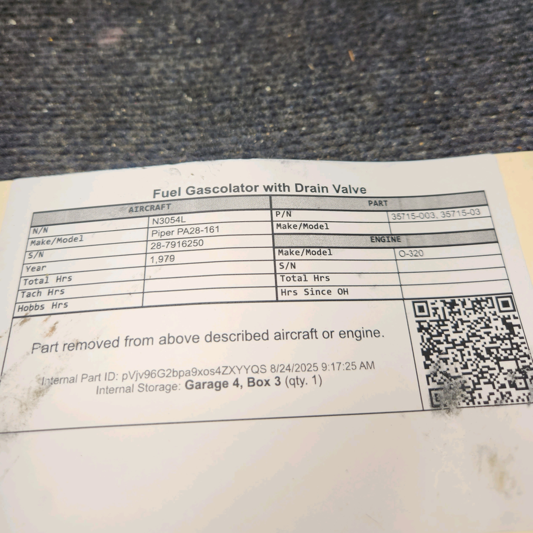 Used aircraft parts for sale, 35715-003 Piper PA28-161 Fuel Gascolator with Drain Valve