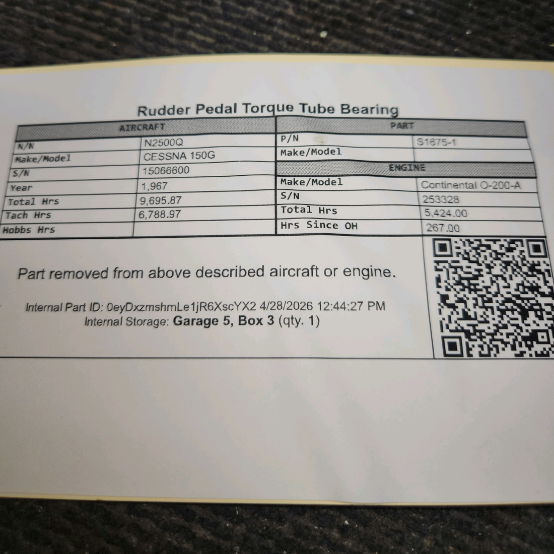Used aircraft parts for sale, S1675-1 cessna 150G Rudder Pedal Torque Tube Bearing