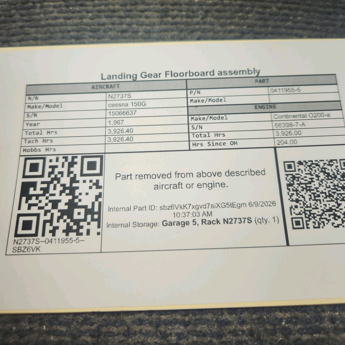 Used aircraft parts for sale, 0411955-5 cessna 150G Landing Gear Floorboard assembly