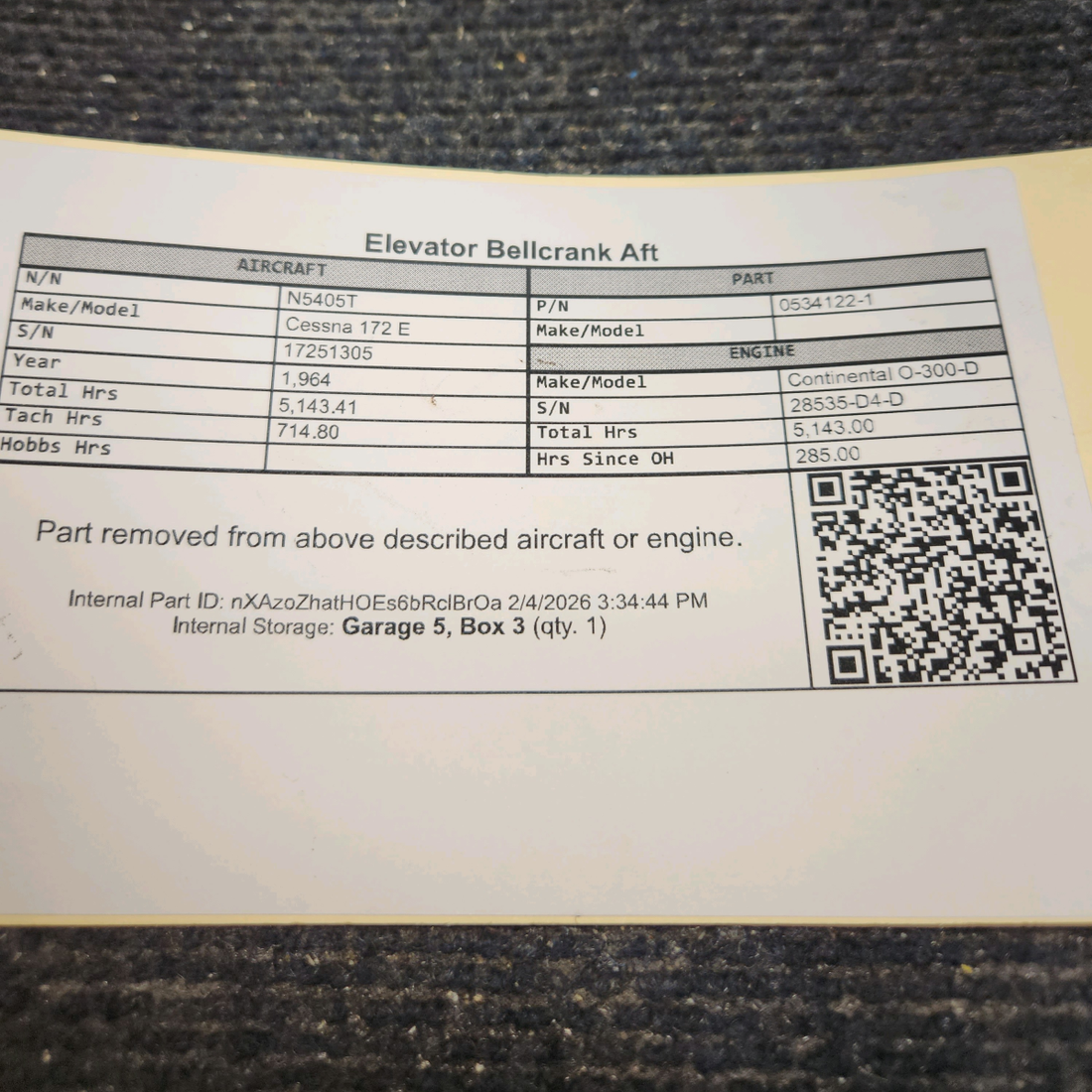 Used aircraft parts for sale, 0534122-1 Cessna 172E Elevator Bellcrank Aft