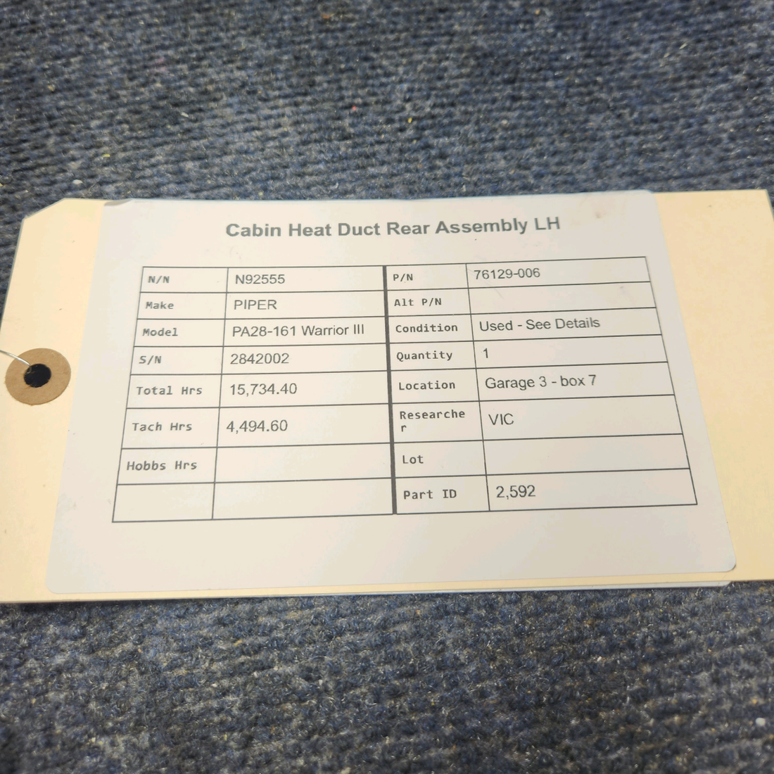 Used aircraft parts for sale, 76129-006 PIPER PA28-161 Warrior III CABIN HEAT DUCT REAR ASSEMBLY LH