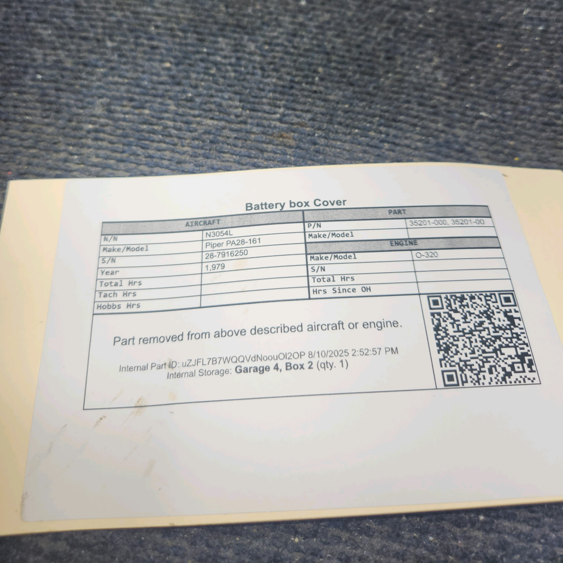 Used aircraft parts for sale, 35201-000 Piper PA28-161 Battery box Cover - Has repairs