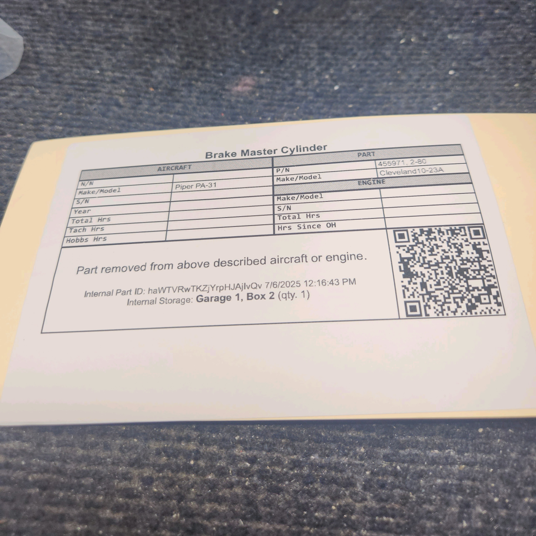 Used aircraft parts for sale, 455971 Cleveland 10-23A Piper PA-31 Brake Master Cylinder