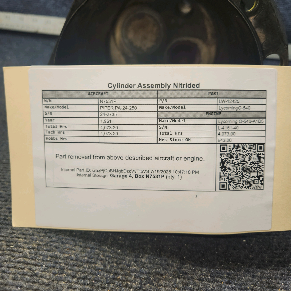 Used aircraft parts for sale, LW-12425 Lycoming O-540 PIPER PA-24-250 Nitrided Cylinder Assembly