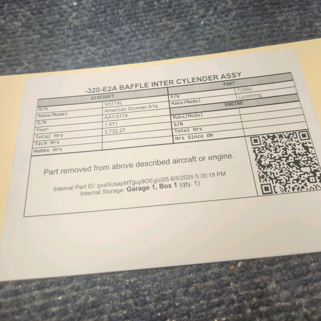 Used aircraft parts for sale, 72569 Lycoming 0-320-E2A American Gruman A1A BAFFLE INTER CYLENDER ASSY