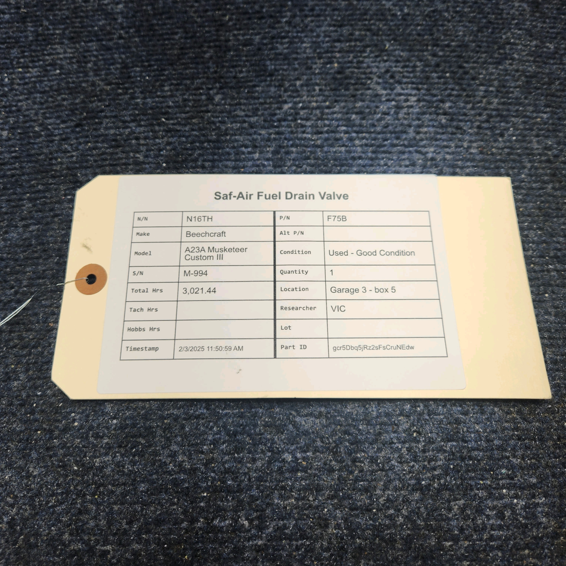 Used aircraft parts for sale, F75B Beechcraft A23A Musketeer Custom III SAF-AIR FUEL DRAIN VALVE