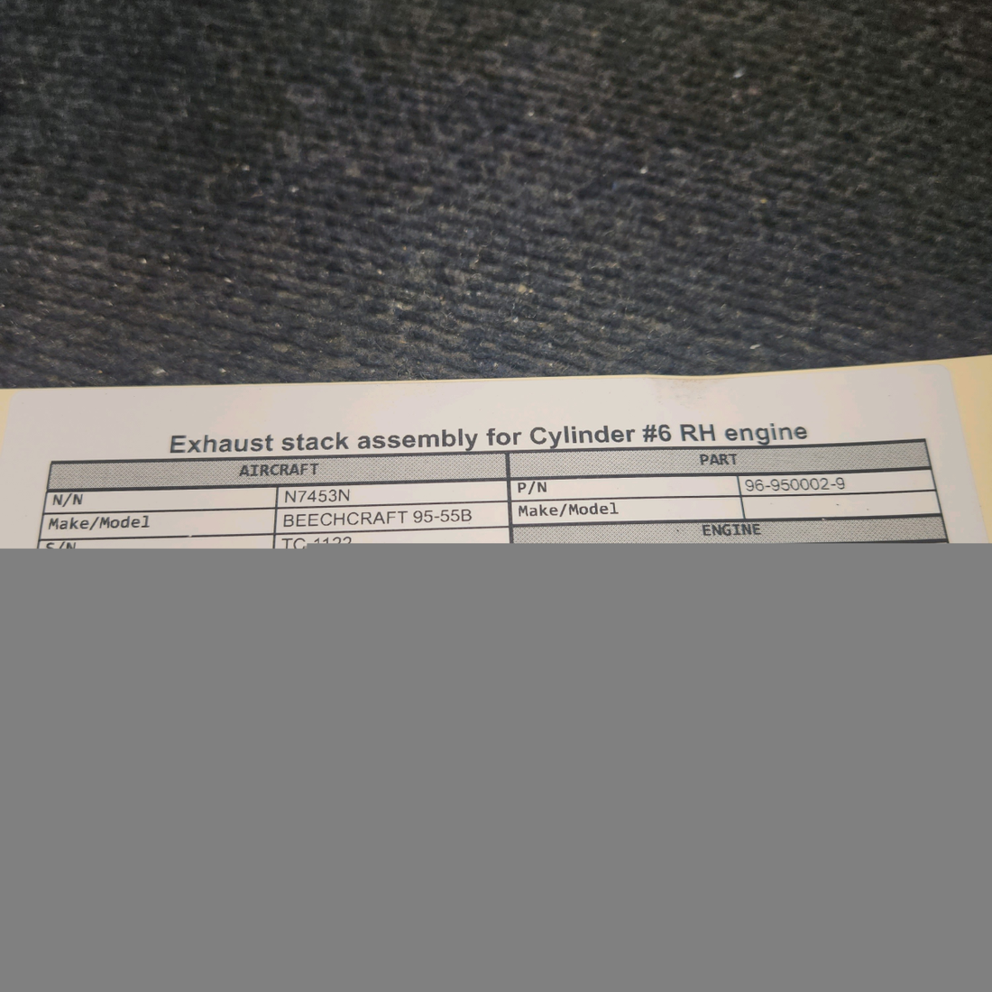Used aircraft parts for sale, 96-950002-9 BEECHCRAFT 95-55B Exhaust Stack Assembly – Cylinder #6, RH Engine