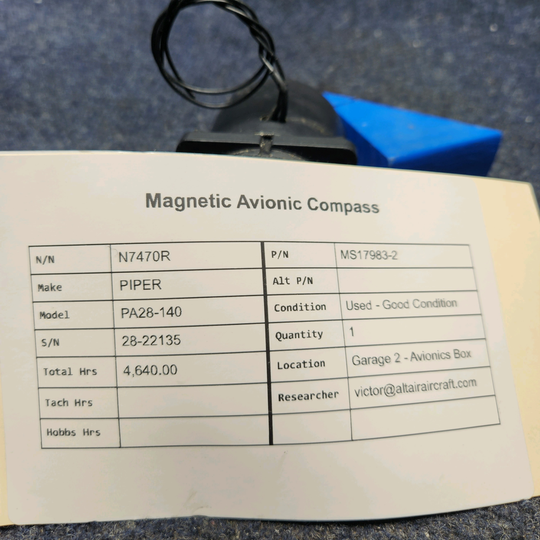 Used aircraft parts for sale, MS17983-2 PIPER PA28-140 MAGNETIC AVIONIC COMPASS