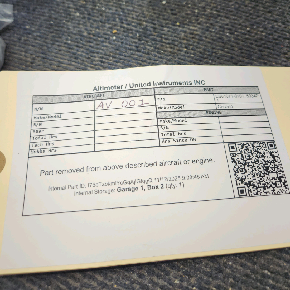 Used aircraft parts for sale, C661071-0101 United Instruments 5934P-1 Cessna 172 Altimeter