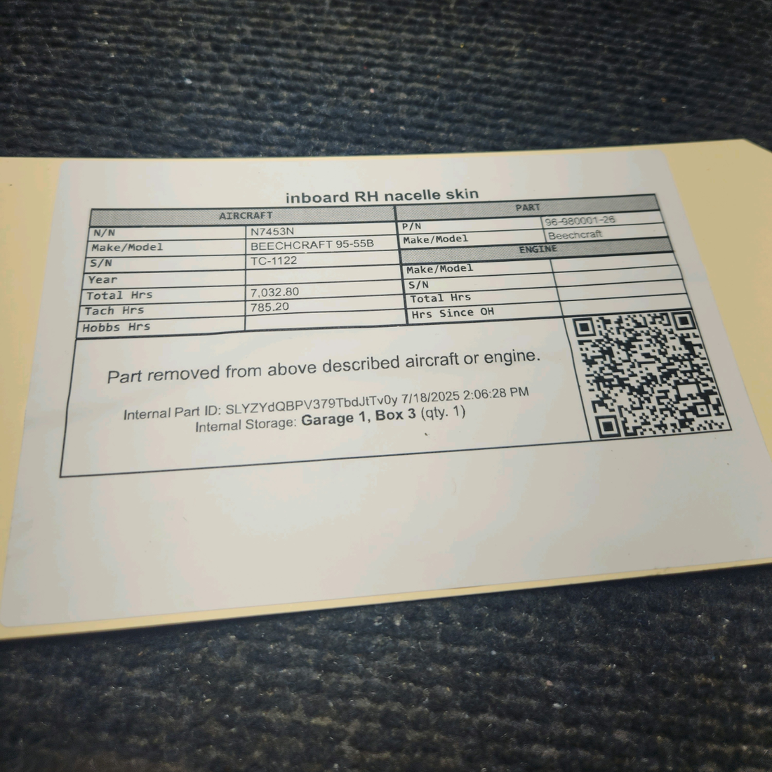 Used aircraft parts for sale, 96‑980001‑26 BEECHCRAFT 95-55B Inboard Nacelle Skin - RH