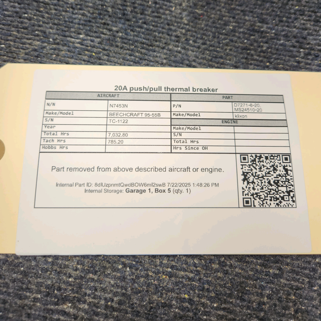 Used aircraft parts for sale, D7271‑8‑20 klixon BEECHCRAFT 95-55B Push/Pull Thermal Circuit Breaker