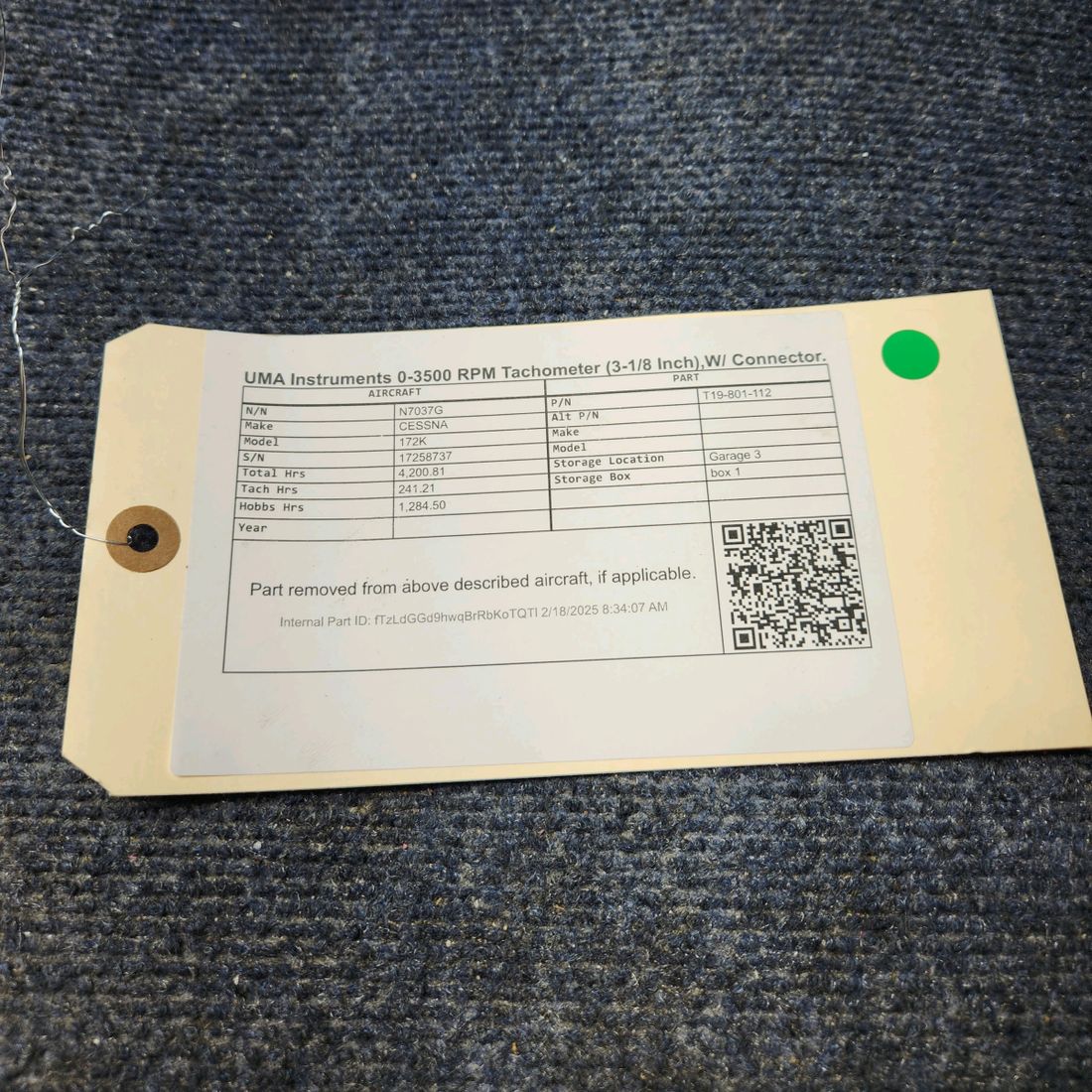 Used aircraft parts for sale, T19-801-112 CESSNA 172K UMA INSTRUMENTS 0-3500 RPM TACHOMETER (3-1/8 INCH),W/ CONNECTOR.