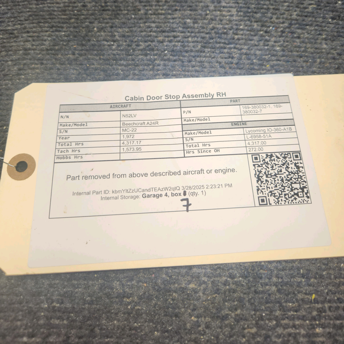 Used aircraft parts for sale, 169-380032-1 Beechcraft A24R Cabin Door Stop Assembly RH