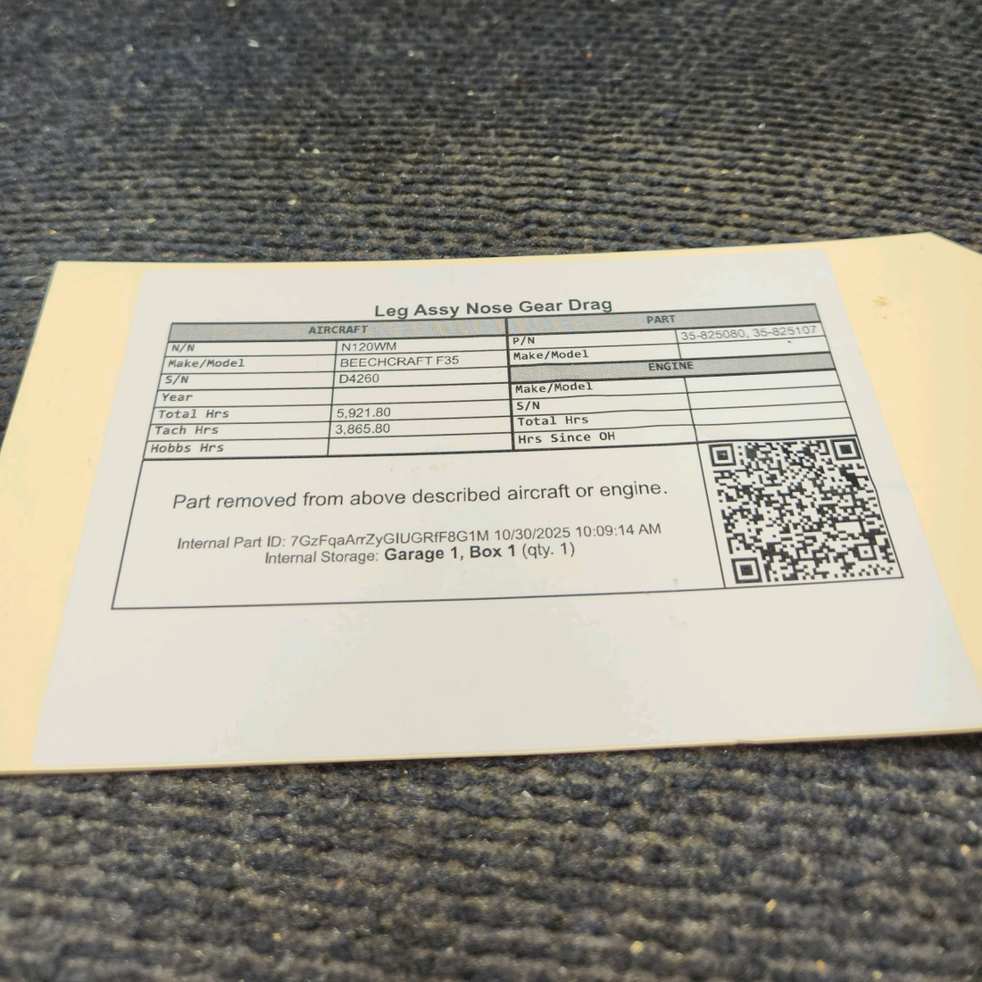 Used aircraft parts for sale, 35-825080 BEECHCRAFT F35 Nose Gear Drag Leg Assembly