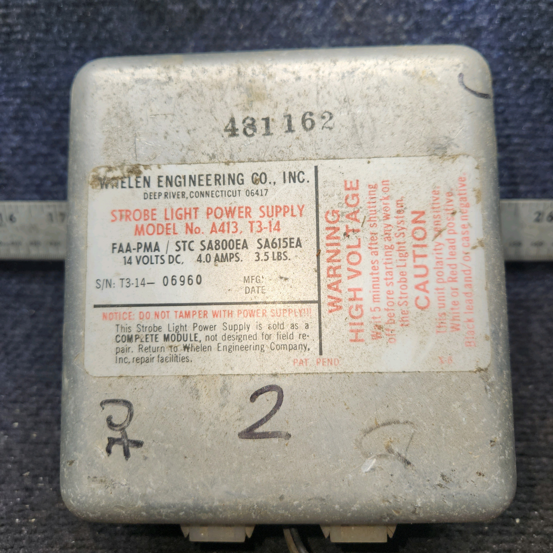 Used aircraft parts for sale, a413,T3-14 Whelen A423 Piper Pa-28-181 Strobe Light Power Supply (14V)