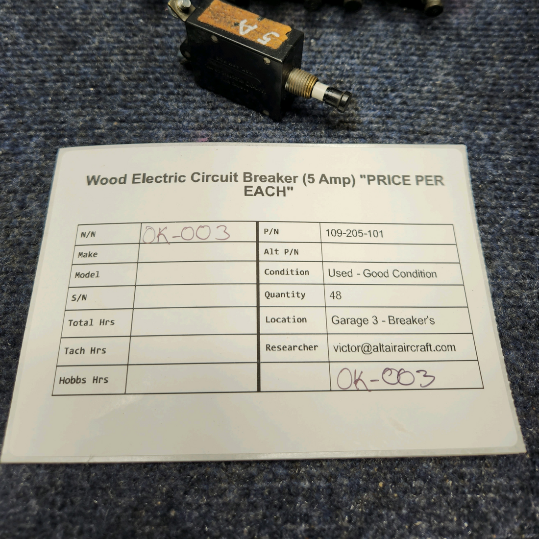 Used aircraft parts for sale, 109-205-101 Wood Electric WOOD ELECTRIC CIRCUIT BREAKER (5 AMP) "PRICE PER EACH"
