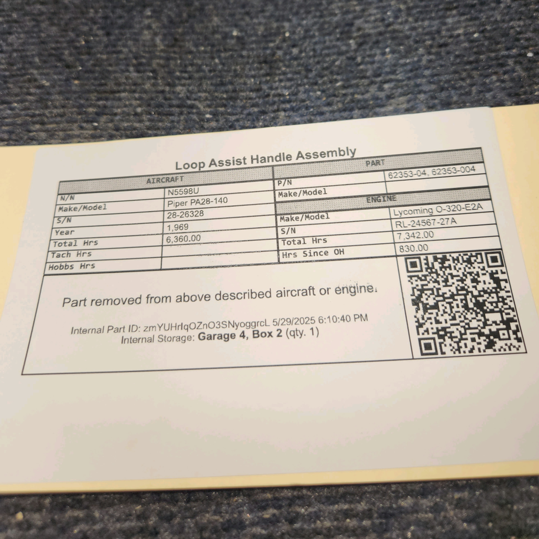 Used aircraft parts for sale, 62353-04 Piper PA28-140 Loop Assist Handle Assembly