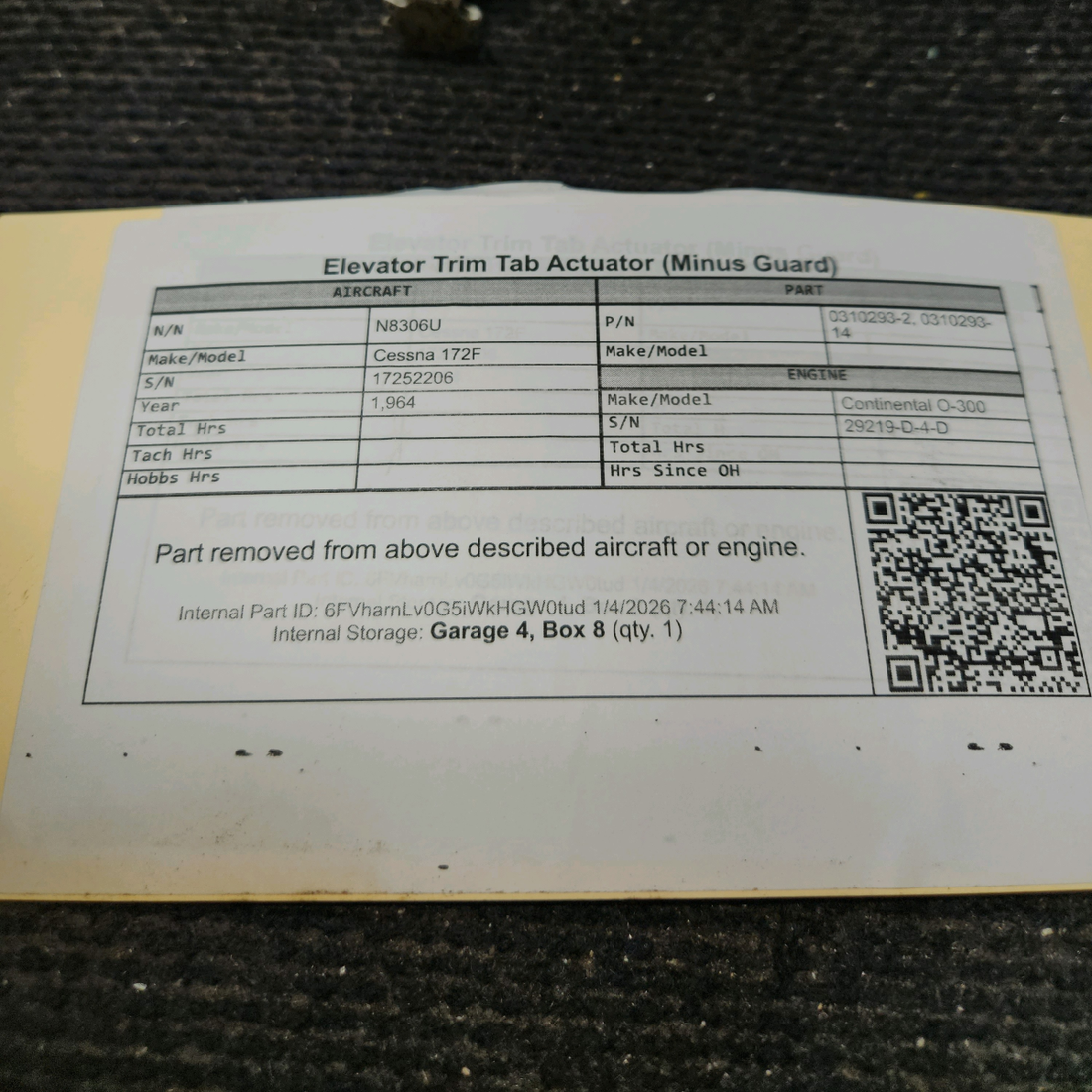 Used aircraft parts for sale, 0310293-2 Cessna 172F Elevator Trim Tab Actuator (Minus Guard)