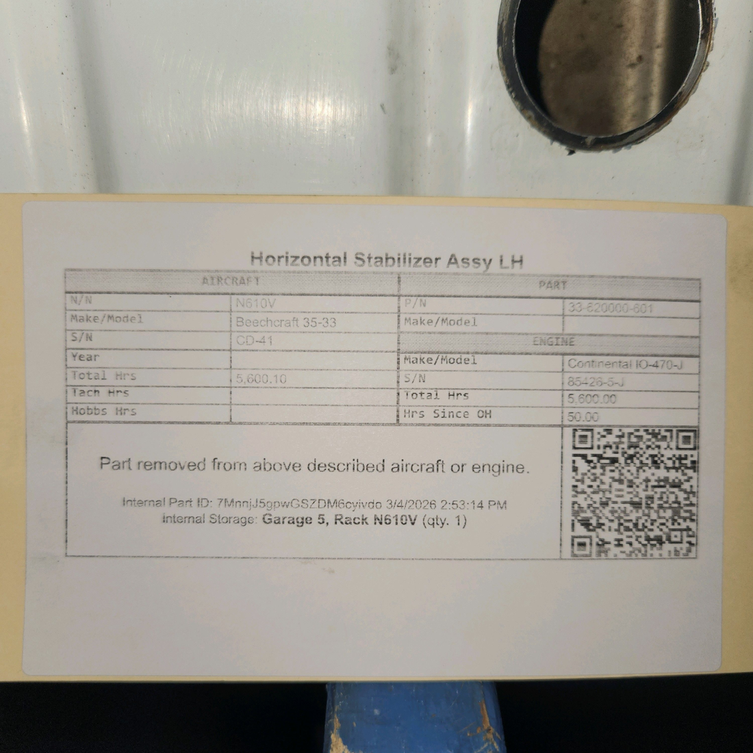 Used aircraft parts for sale, 33-620000-601 Beechcraft 35-33 Horizontal Stabilizer Assy - LH