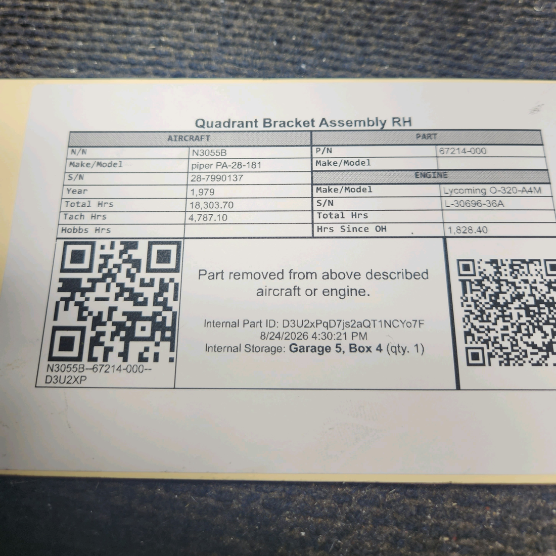 Used aircraft parts for sale, 67216-000 piper PA-28-181 Quadrant Bracket Assembly - RH