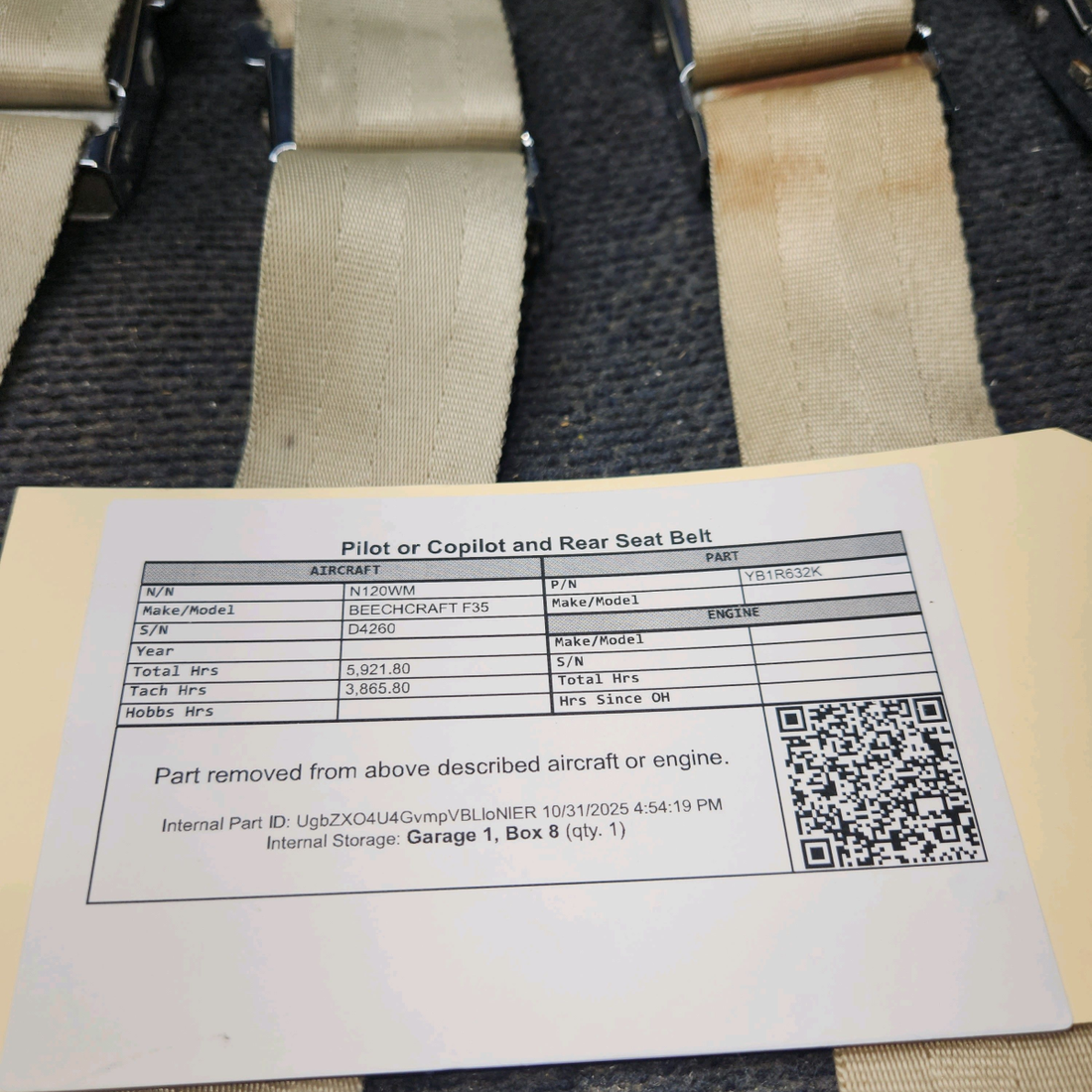 Used aircraft parts for sale, YB1R632K BEECHCRAFT F35 Pilot, Copilot, and Rear Seat Belt Assembly