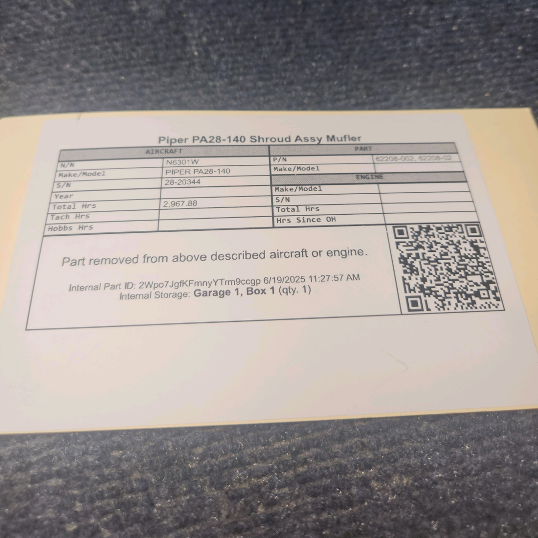 Used aircraft parts for sale, 62208-002 PIPER PA28-140 Piper  Shroud Assy Muffler