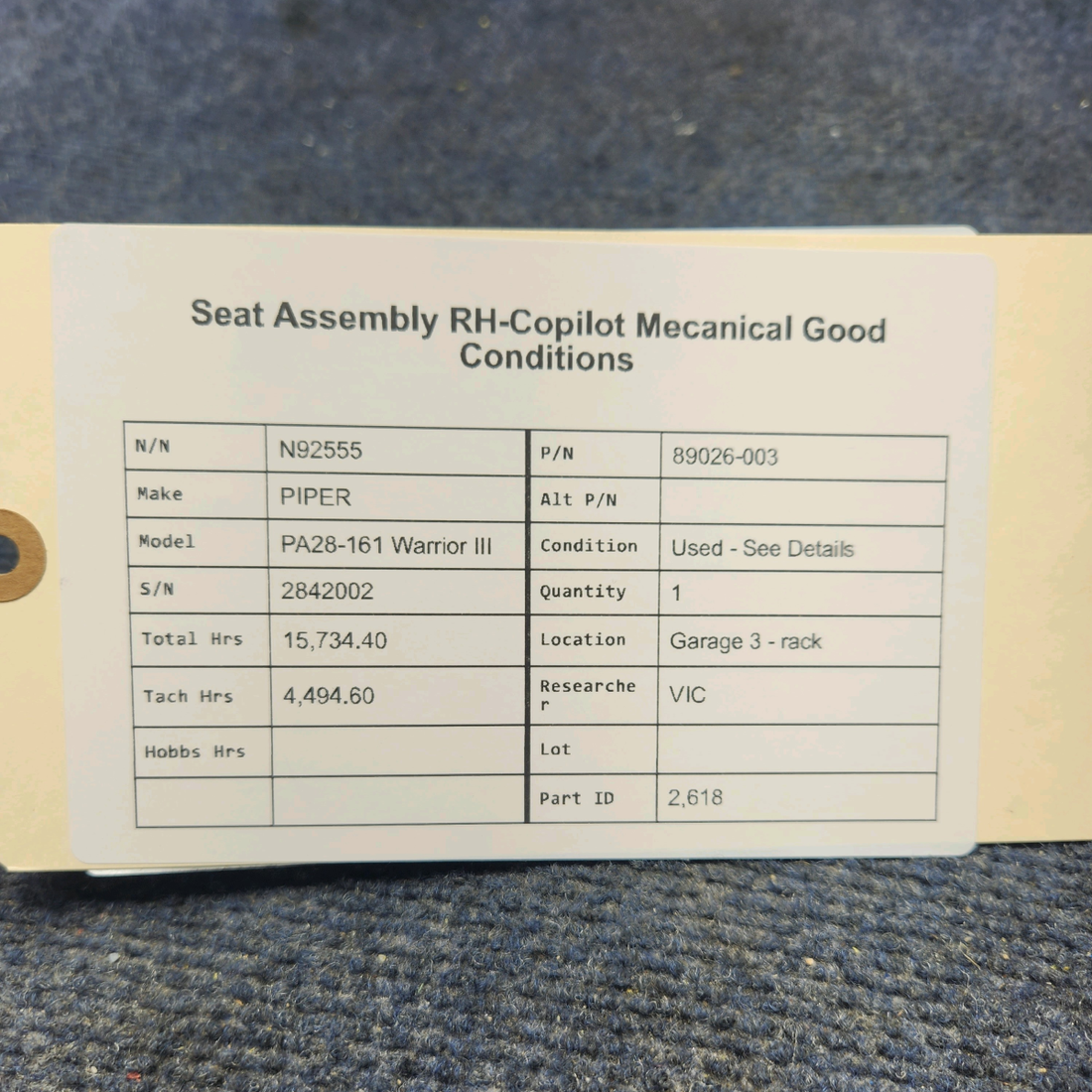 Used aircraft parts for sale, 89026-003 PIPER PA28-161 Warrior III SEAT ASSEMBLY RH-COPILOT   MECHANICAL GOOD CONDITIONS