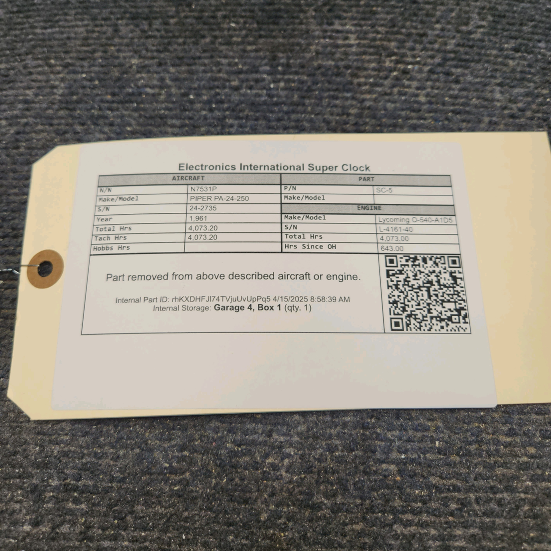 Used aircraft parts for sale, SC-5 PIPER PA-24-250 Electronics International Super Clock