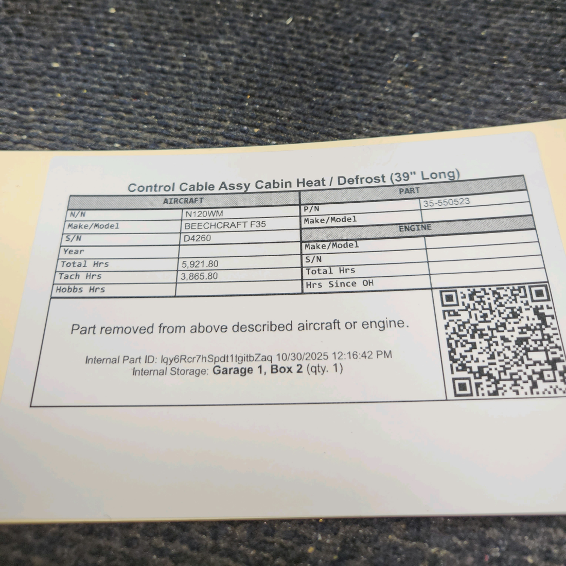 Used aircraft parts for sale, 35-550523 BEECHCRAFT F35 Cabin Heat/Defrost Control Cable Assy – 39" Length