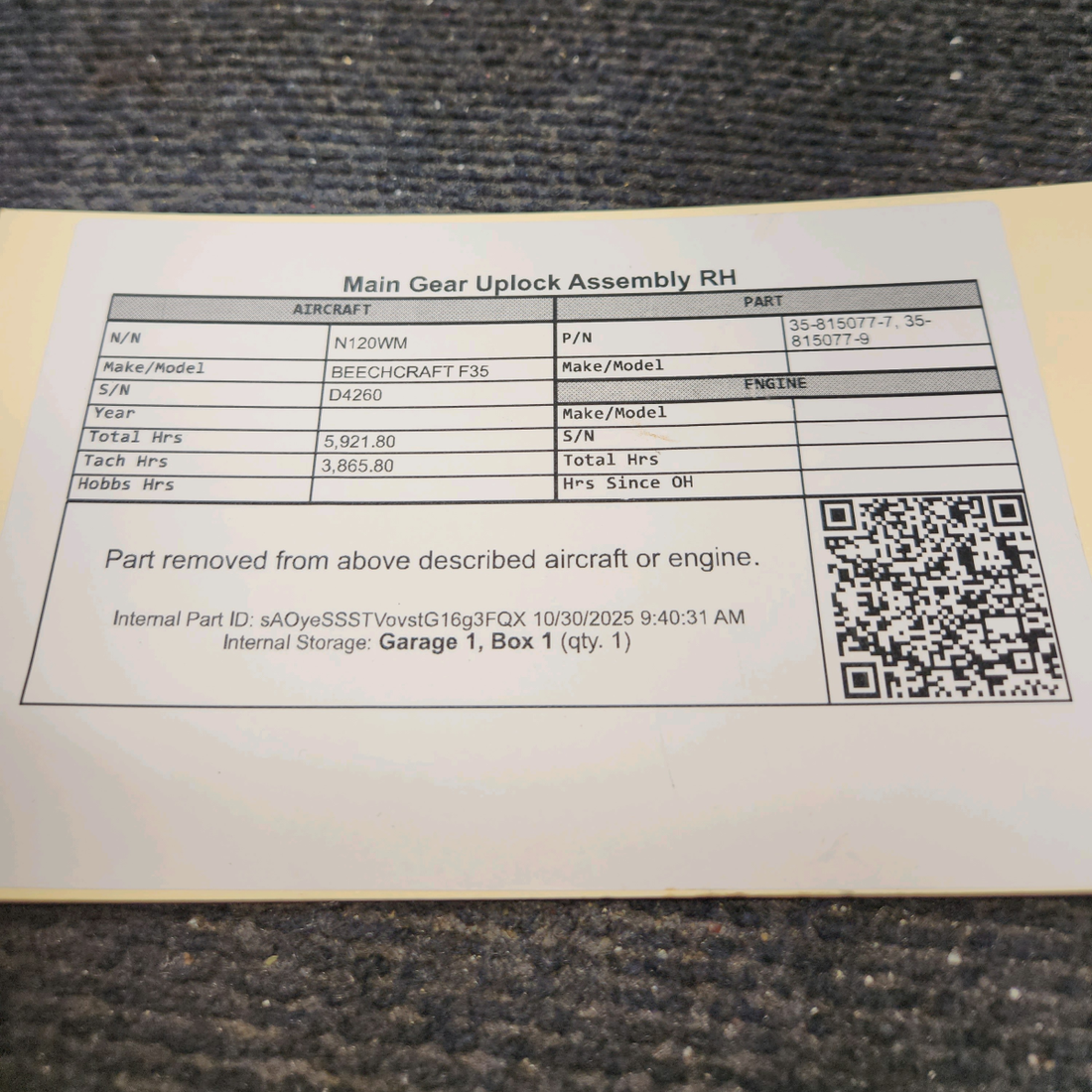 Used aircraft parts for sale, 35-815077-1 BEECHCRAFT F35 Main Gear Uplock Assembly - RH
