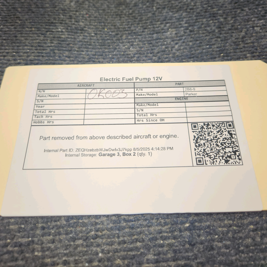 Used aircraft parts for sale, 2B6-9 Airborne Electric Fuel Pump 12V