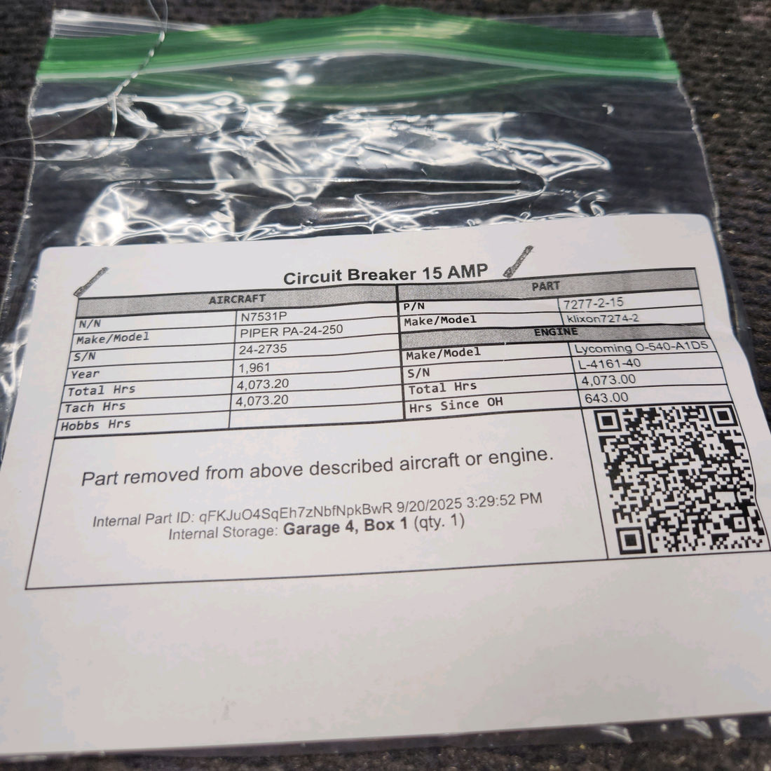 Used aircraft parts for sale, 7277-2-15 klixon 7274-2 PIPER PA-24-250 Circuit Breaker 15 AMP