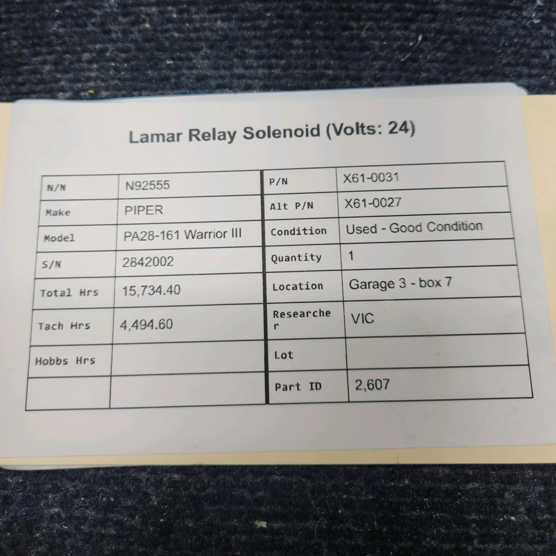 Used aircraft parts for sale, X61-0031 PIPER PA28-161 Warrior III LAMAR RELAY SOLENOID (VOLTS: 24)