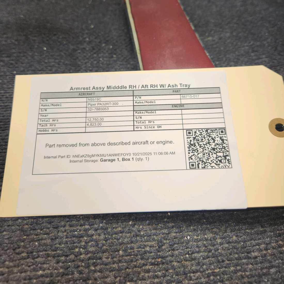 Used aircraft parts for sale, 66710-017 Piper PA32RT-300 Aft Armrest Assembly with Ashtray - RH Middle